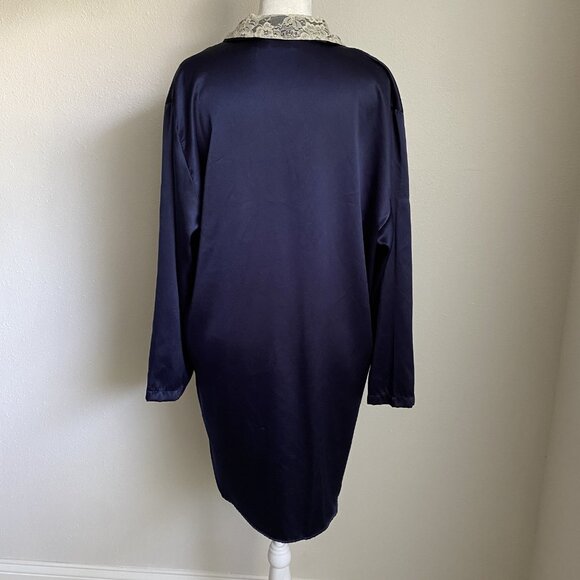 VTG Victoria's Secret Womens P/S Satin Night Shirt Navy w Nude Lace Trim Collar - Picture 6 of 10